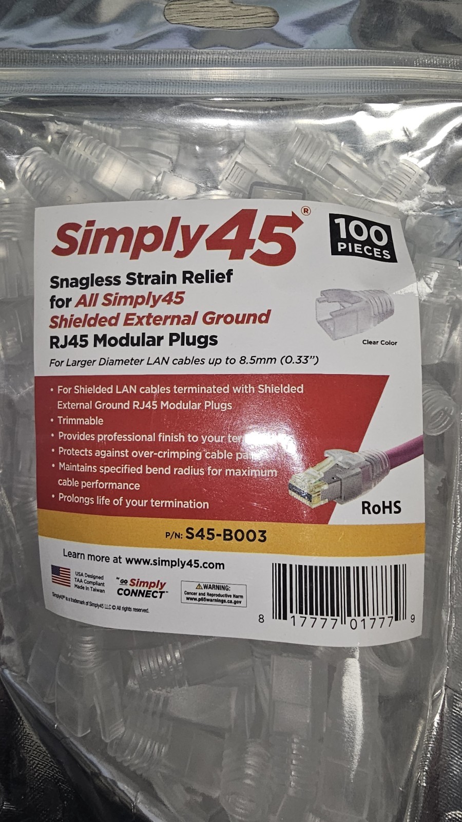 Simply 45 Snagless Strain Relief For All Shielded External Ground RJ45 Plug