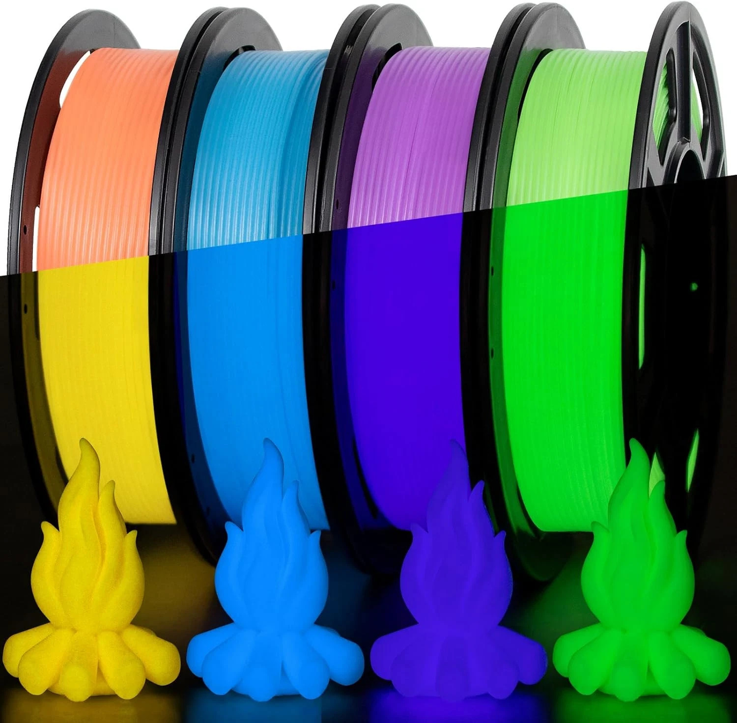 3D Printer Filament Bundle, Glow in the Dark Filament Orange, Green, Blue, and P