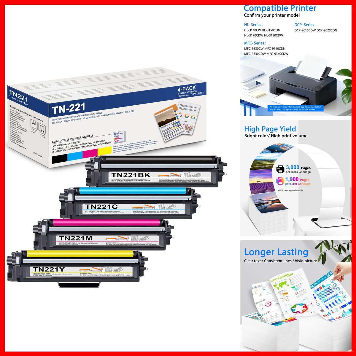 MOLIMER TN-221 Toner Cartridges 4 Pack Replacement Brother TN225 TN221 Toner