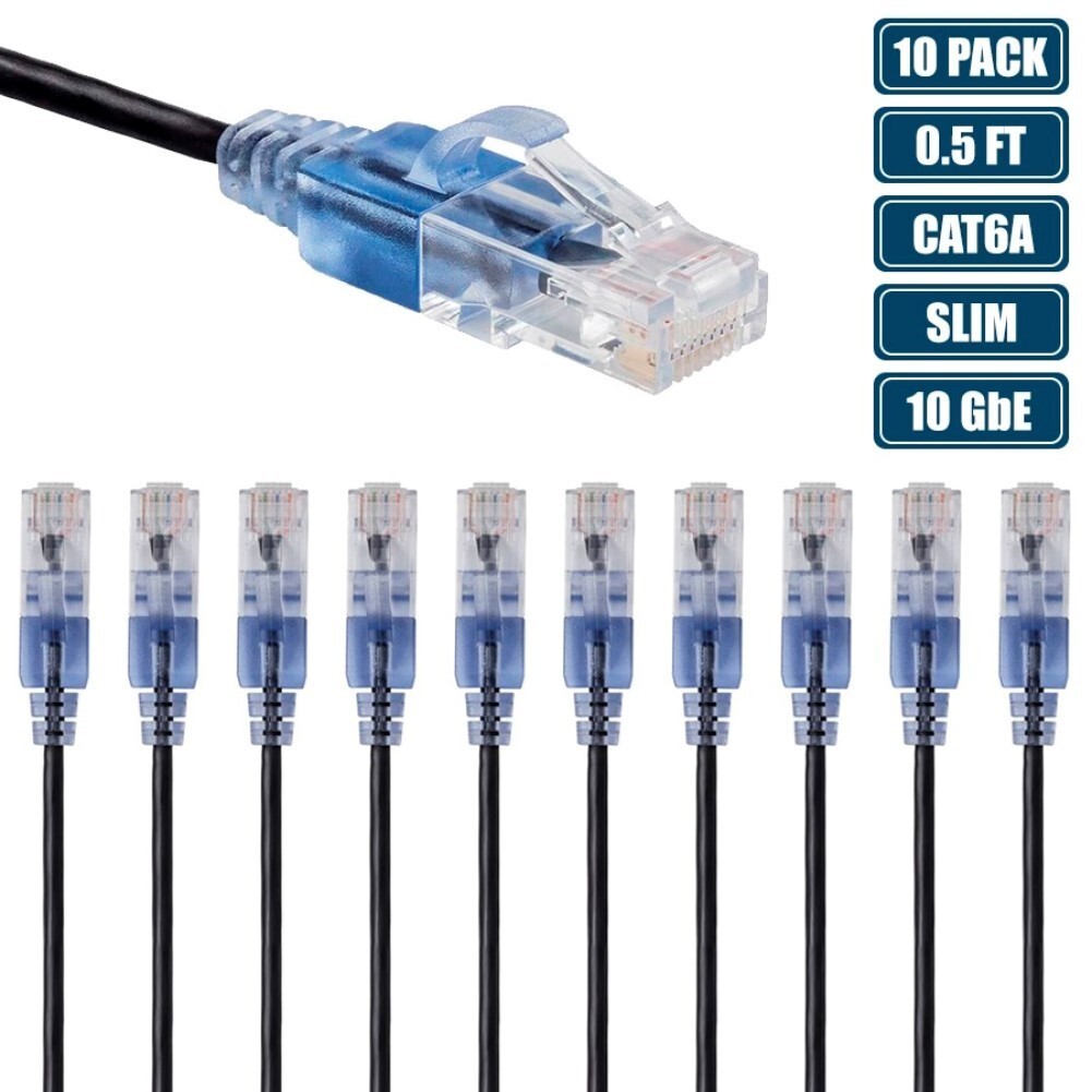 10x 0.5FT CAT6A RJ45 Ethernet LAN Network Patch Cable Slim Cord Router Black