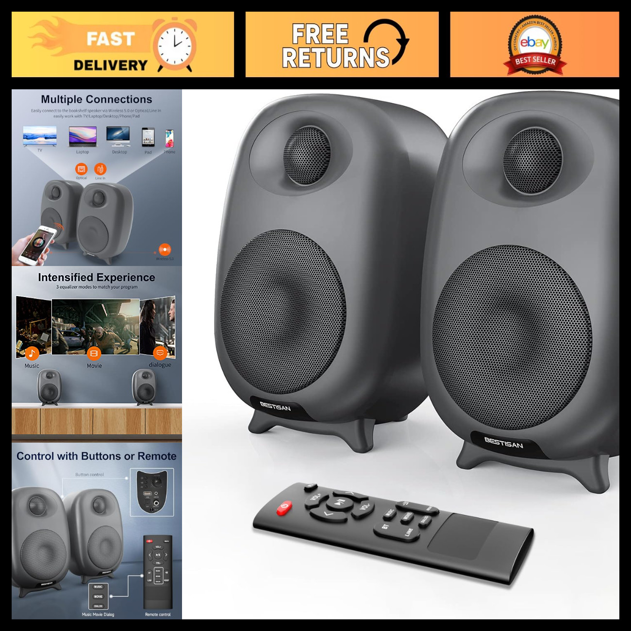 60W Powered Computer Speakers for Desktop PC - High-Quality Sound, USB & AUX Inp