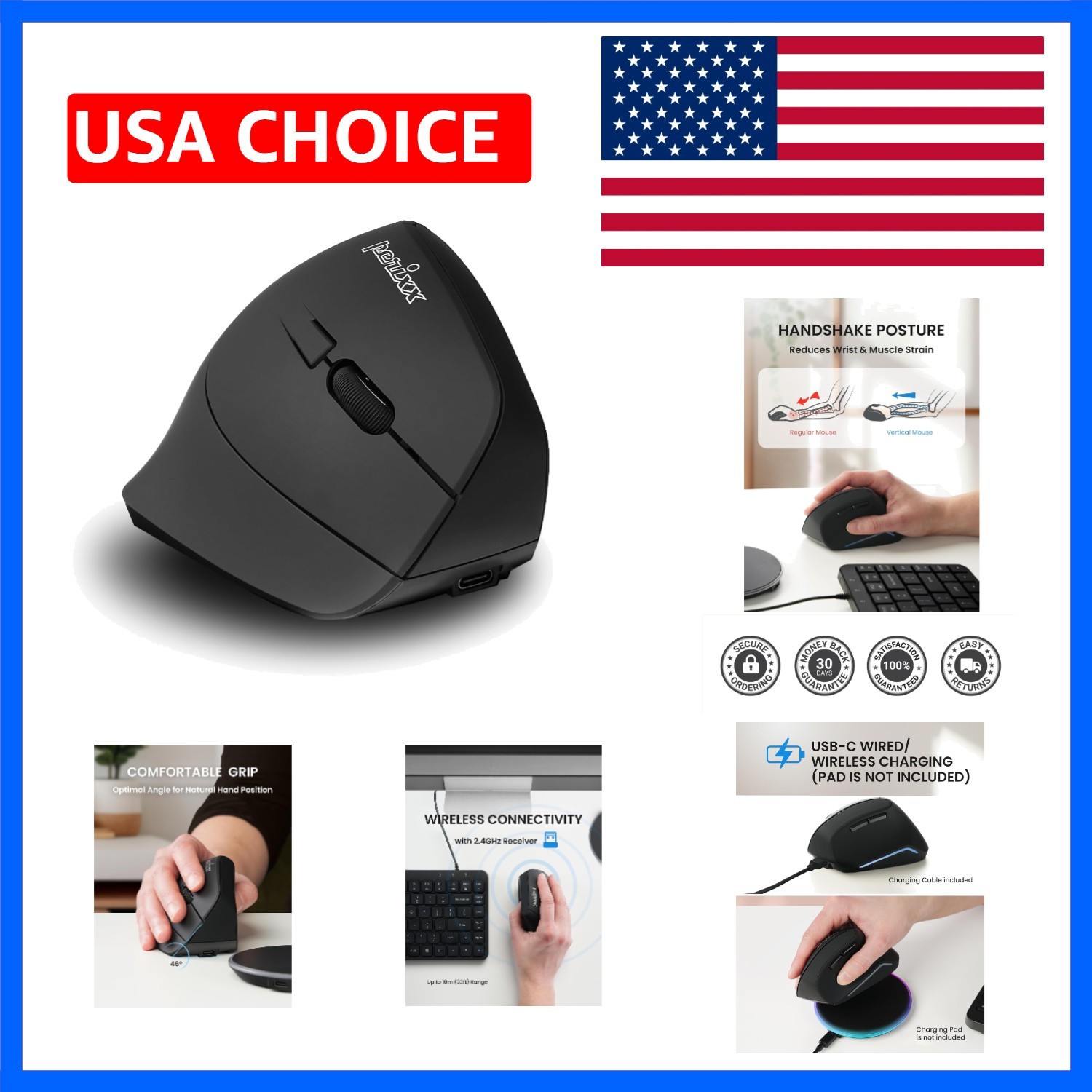 PERIMICE-715R Cordless Rechargeable Vertical Mouse - Duo Wired and Wireless C...