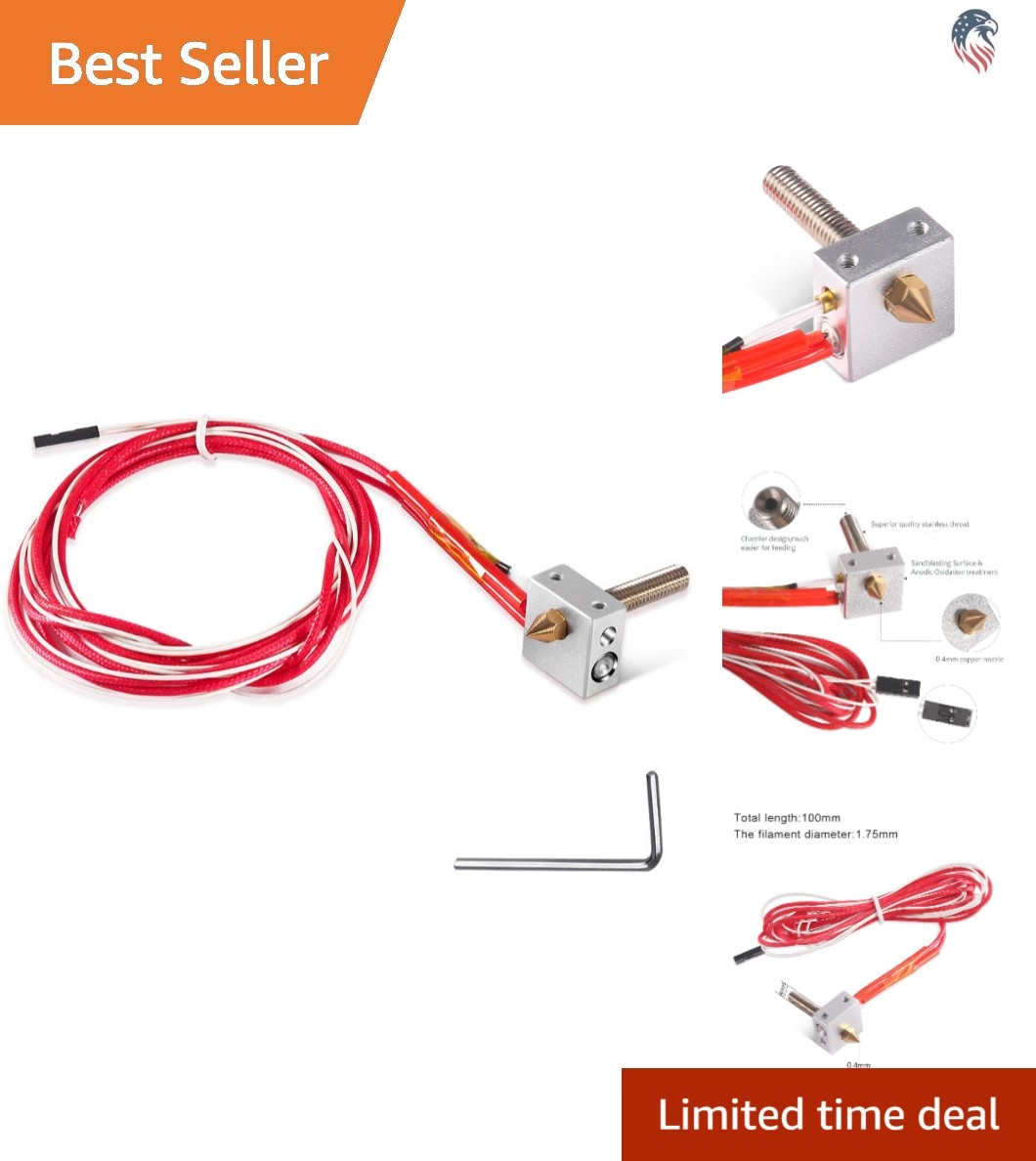 Complete 3D Printer Hot End Kit: 0.4mm Nozzle, Stainless Steel Tube, and Heater
