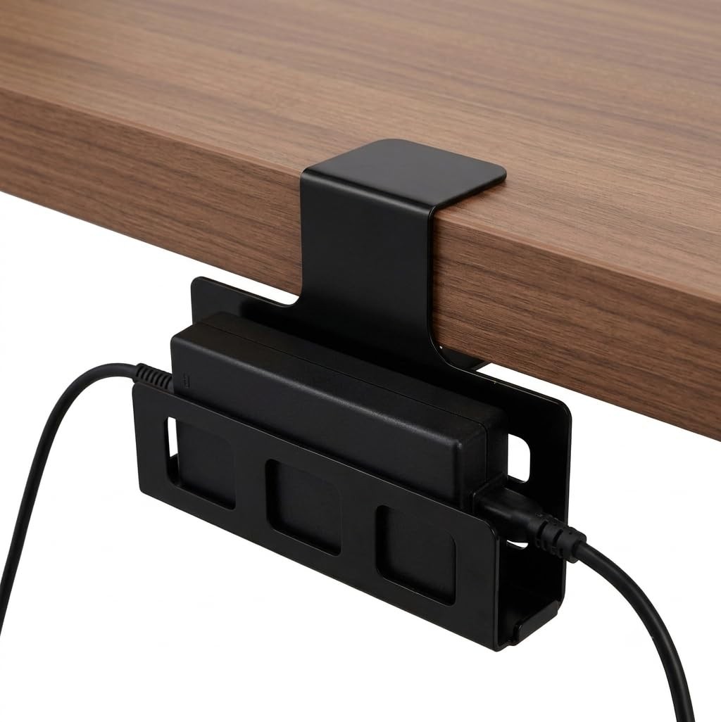 No Drill Clamp On Desk Side Mount for Laptop Power Charger (Black)