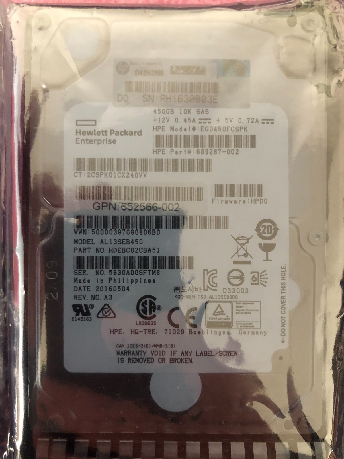 HP 689287-002 450GB 10K SAS 2.5'' HARD DRIVE EG0450FCSPK