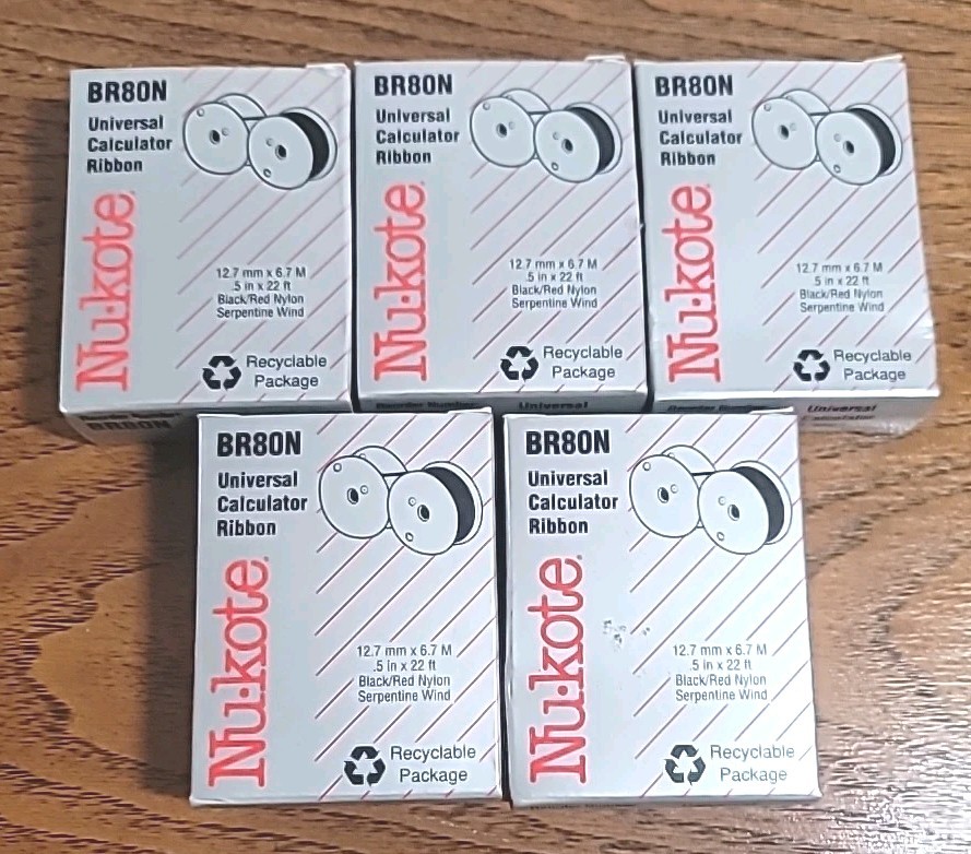 Lot Of 5 NuKote Calculator Ribbons BR80N Universal Black & Red Nylon .5in x 22ft