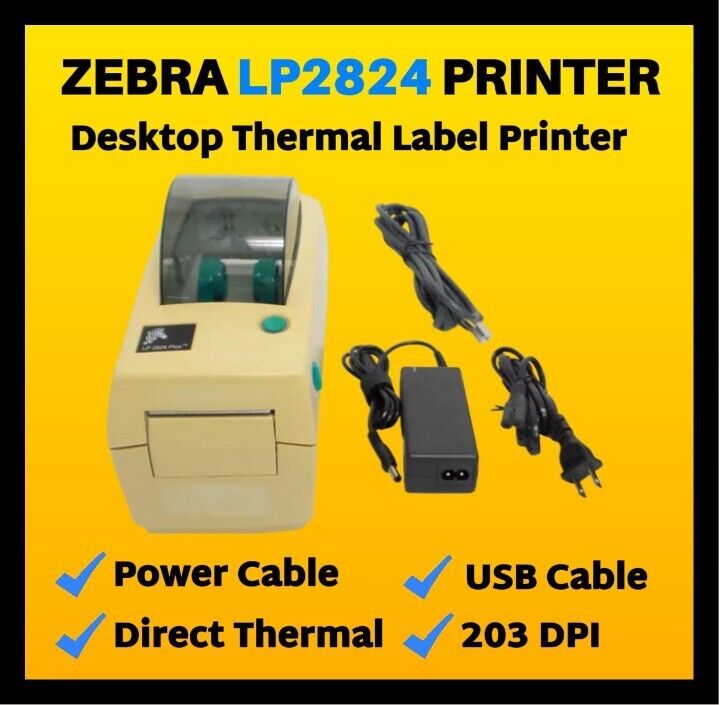 Zebra LP2824 Plus Thermal Label Printer Ethernet, USB, Power Supply & USB Cable