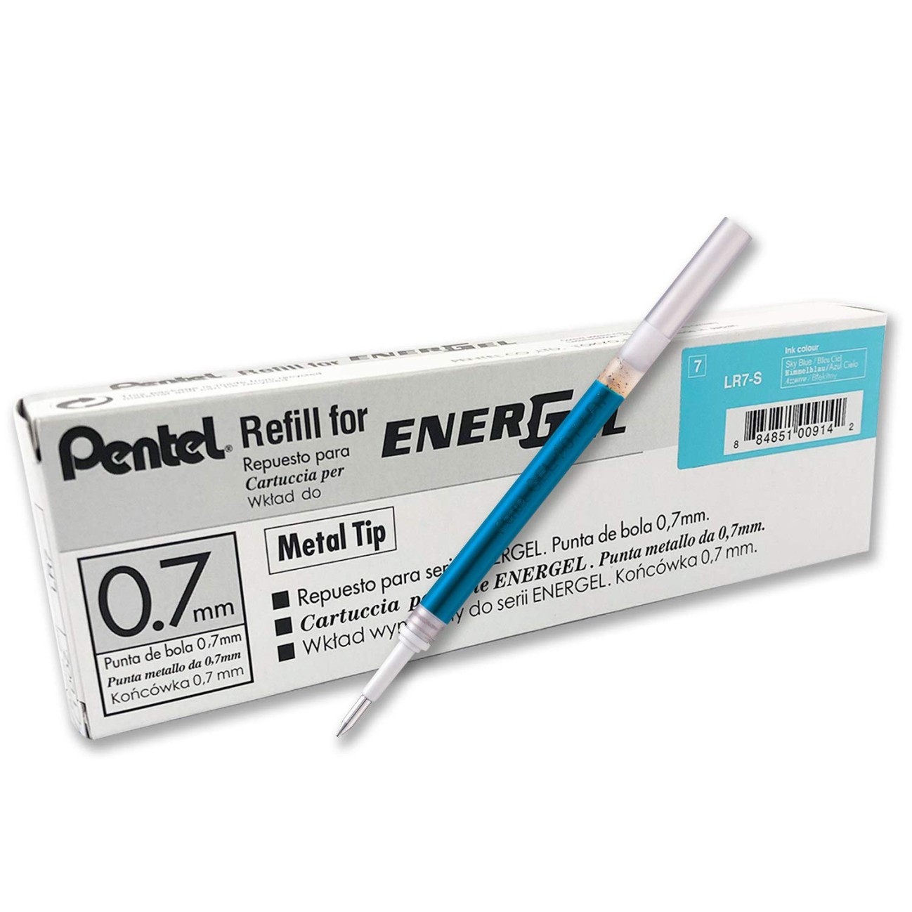 Pentel Refill Ink For EnerGel and Lancelot Gel Pen, (0.7mm) Metal Tip, Sky Blue