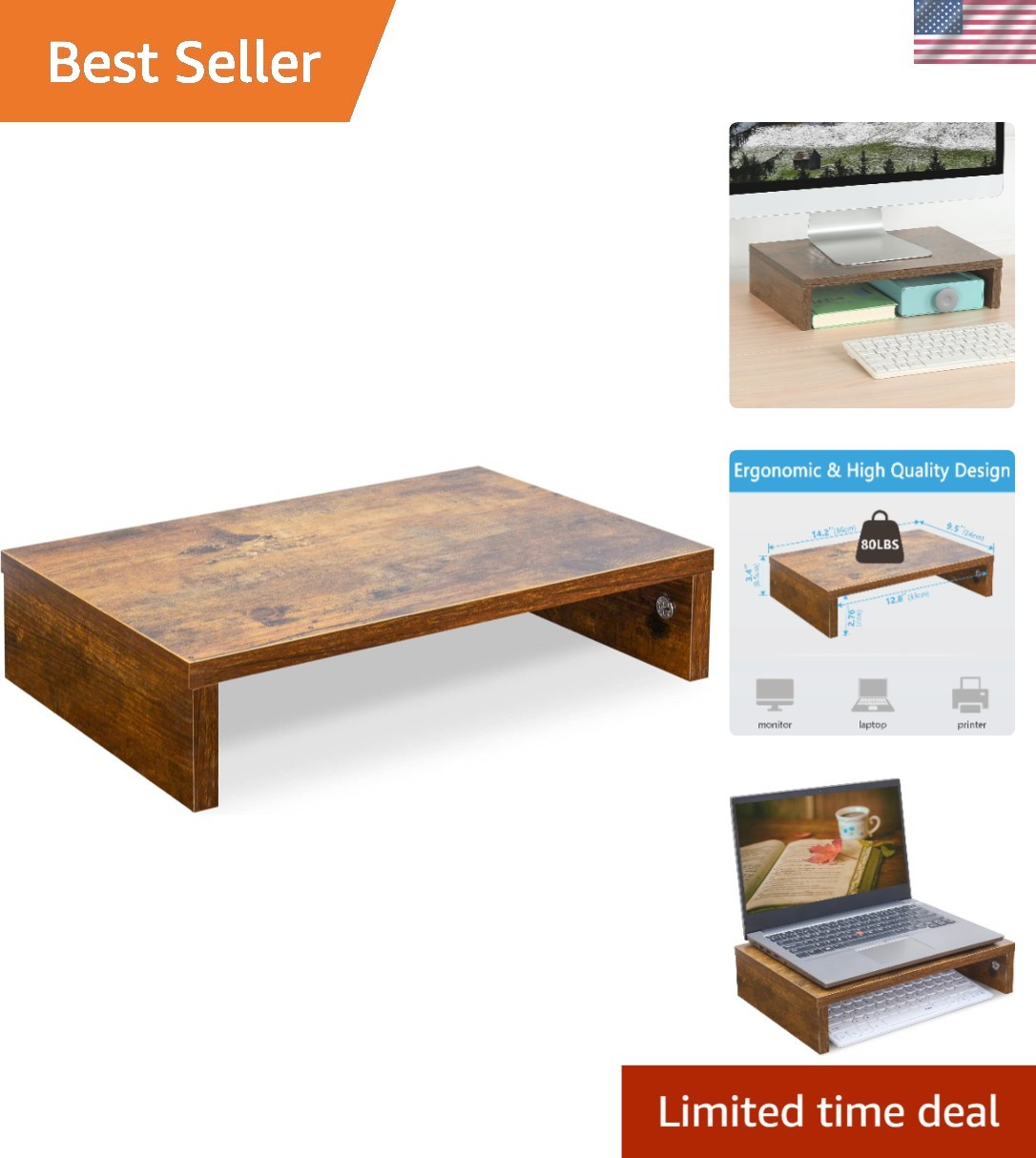 Multi-Function Wooden Monitor Stand - Compact 14.2 Inch for Home Office & Gaming