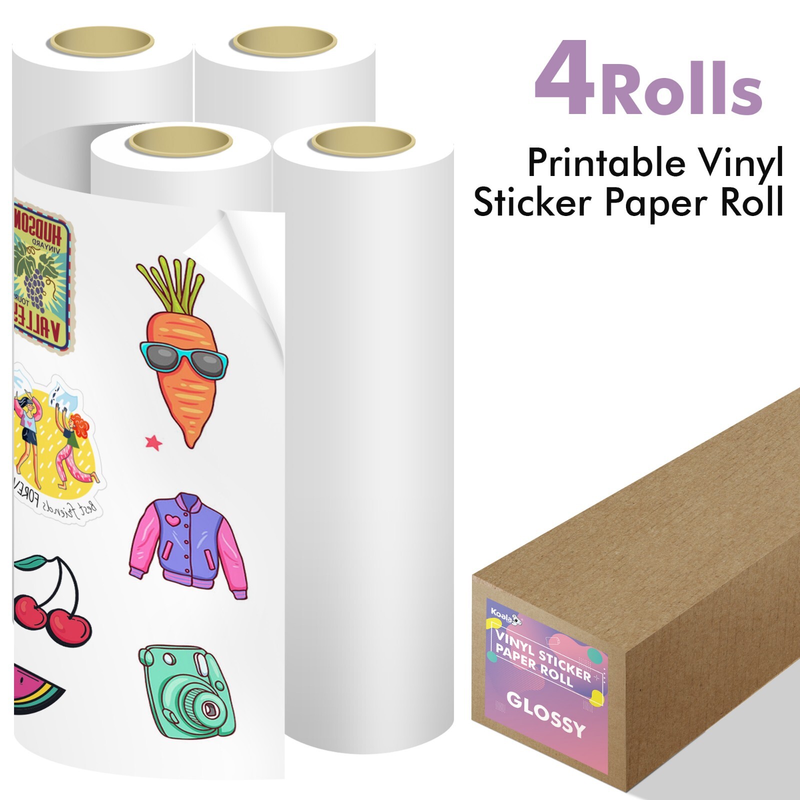 Koala Printable Vinyl Sticker Paper 4 Rolls Glossy 13 InX32.8 FT Inkjet Printers
