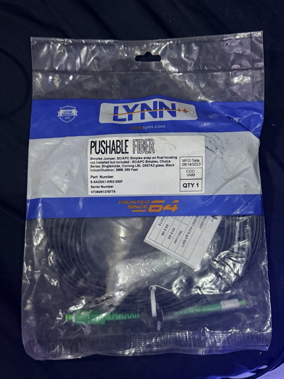 LYNN Pushable Fiber Optical Network Cable SC/APC-SC/APC Simplex 50 ft Black
