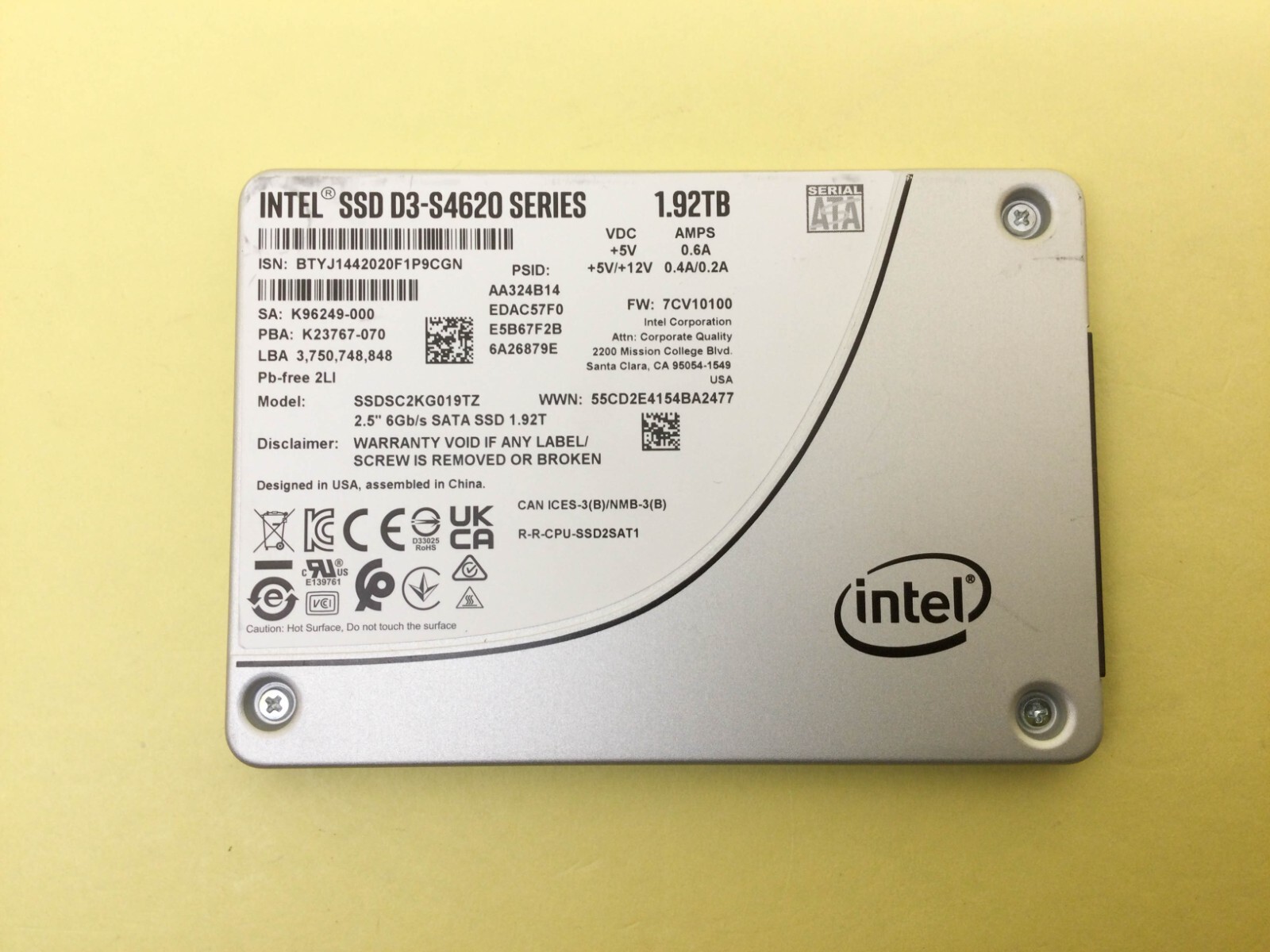 Intel D3-S4620 Series 1.92TB SATA 6Gb/s 2.5" Internal SSD SSDSC2KG019TZ