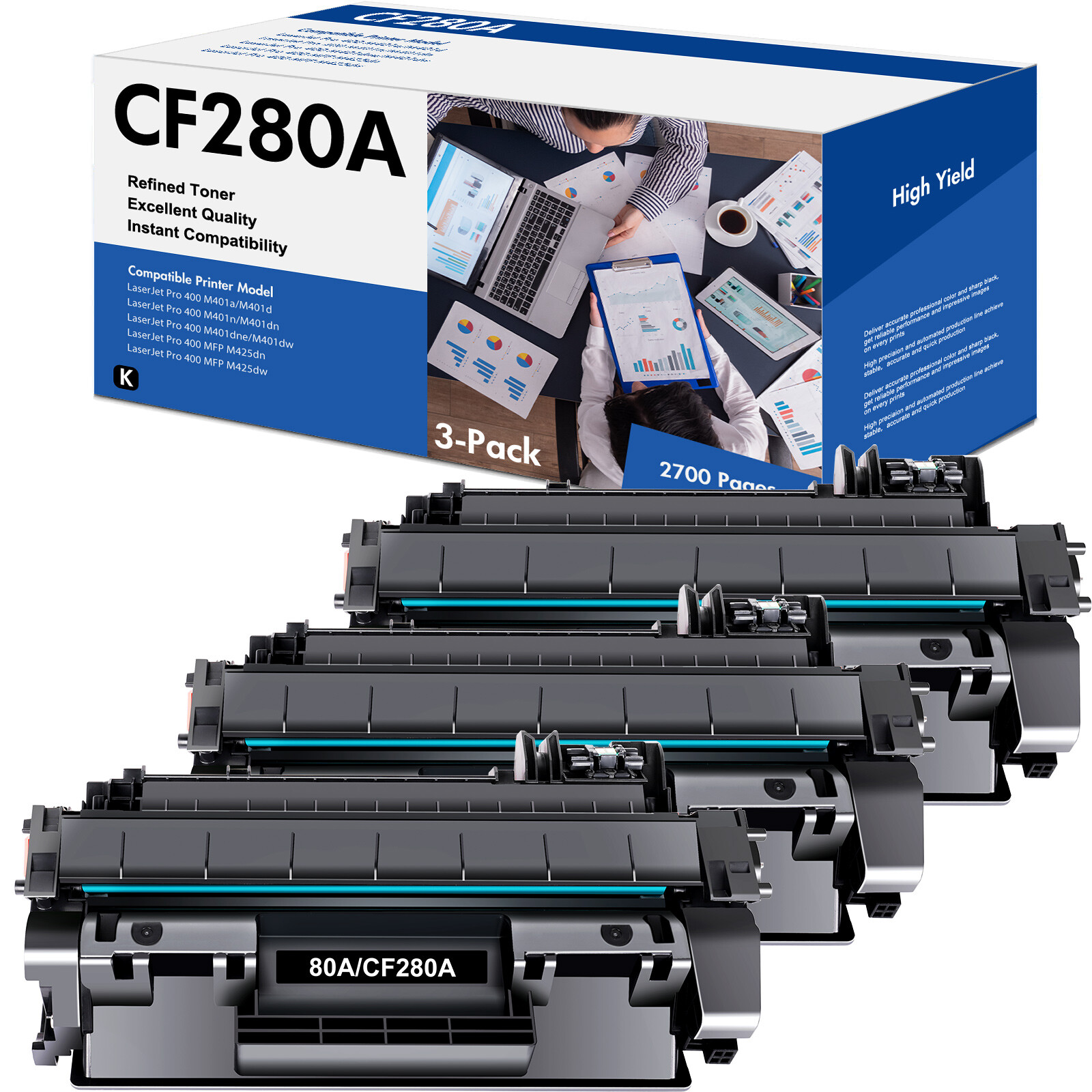 3 Pack CF280A 80A Black Toner Cartridge For HP Laserjet Pro 400 M401a Printer