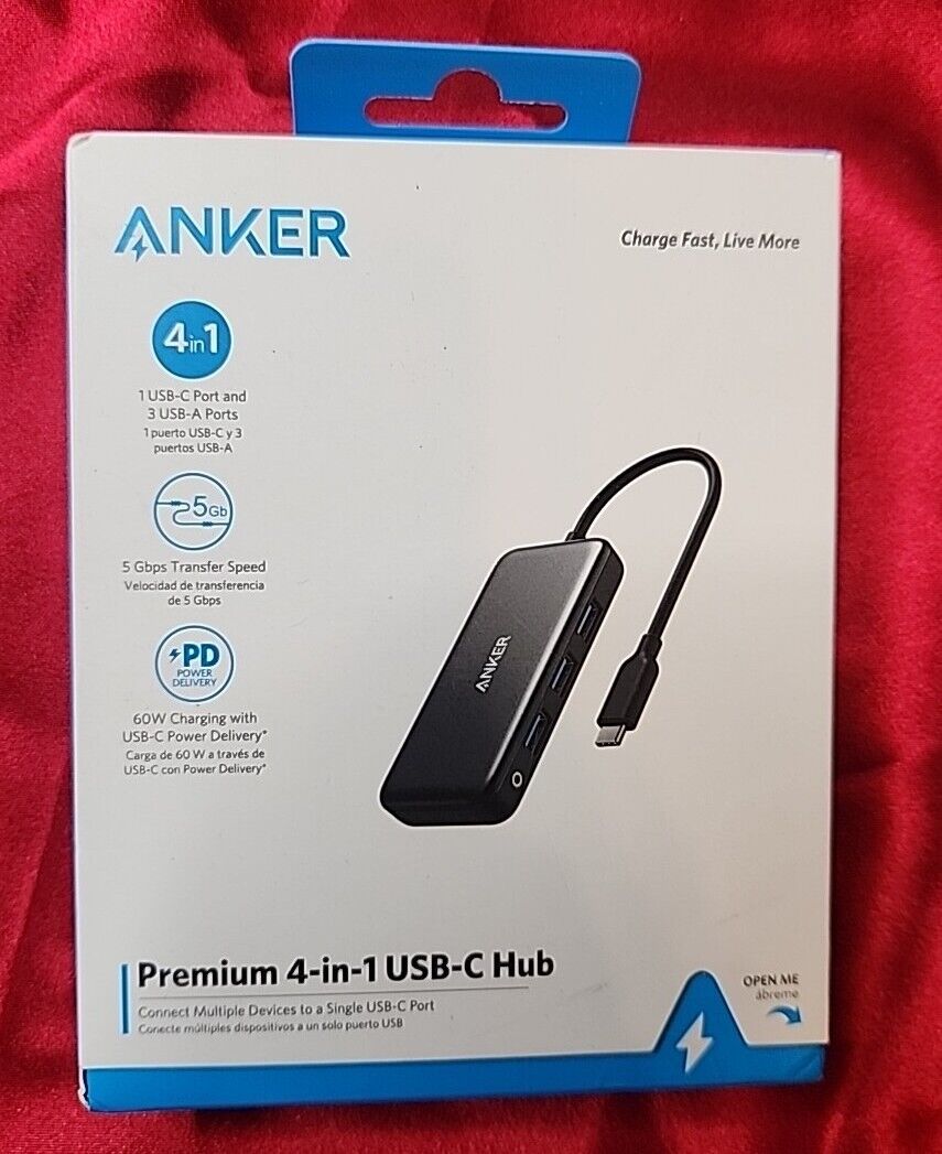 Anker 4-in-1 Premium USB-C Hub, 5 Gbps Transfer Speed, 60W Charging.