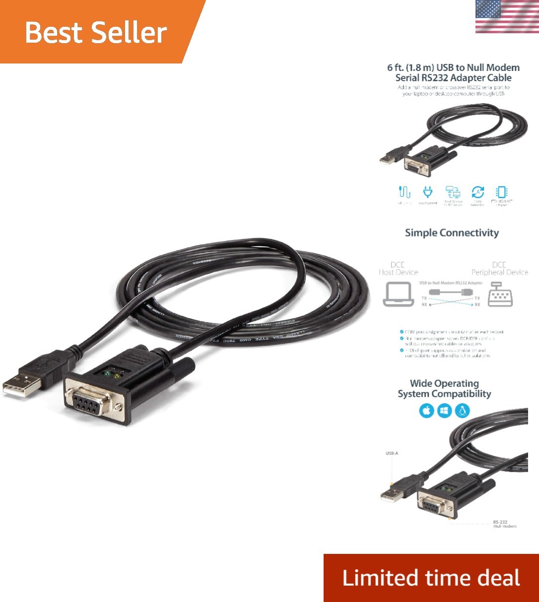 StarTech 6ft USB to Serial RS232 Adapter, Null Modem, TAA ICUSB232FTN