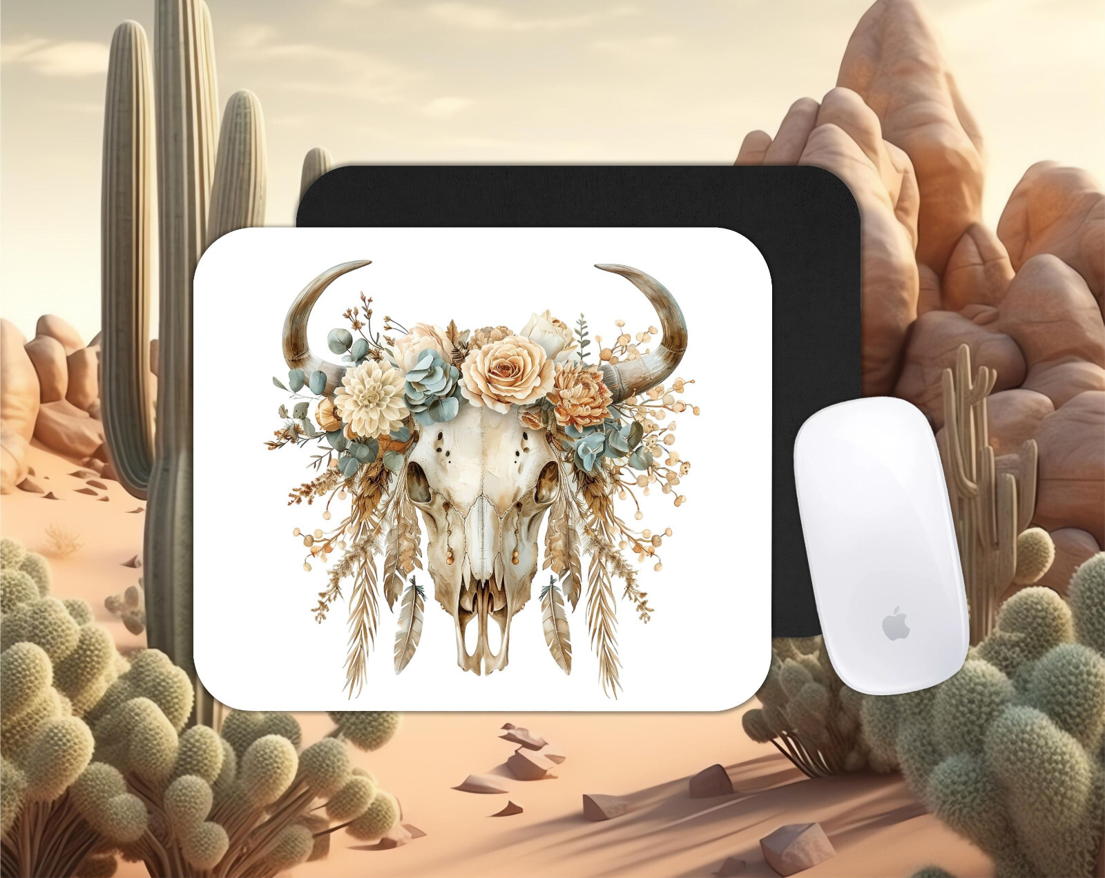 Boho cow skull themed PC/laptop Mouse Pad, CHOICE, , gifts, farm