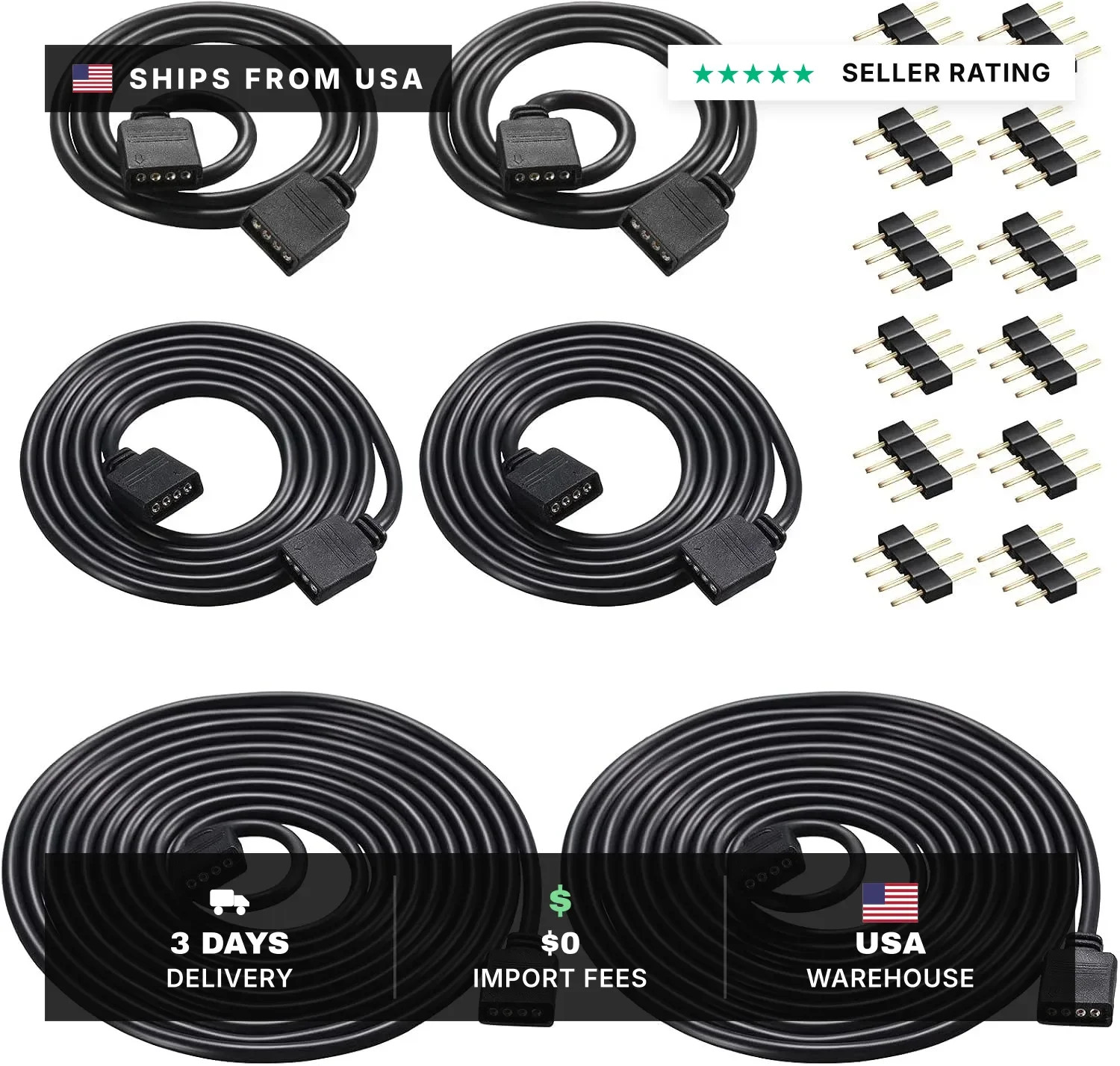 6 Pieces 4 Pin RGB Extension Cable Kit, 1.6、3.3 、6.6 ft, Black