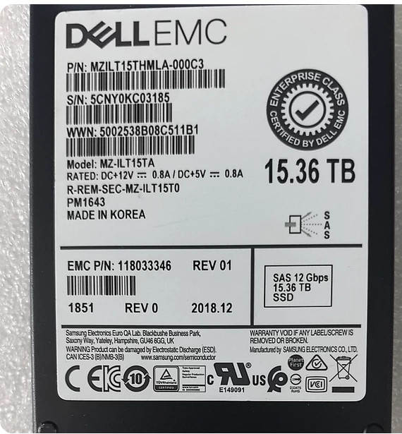 DELL EMC Samsung PM1643 15.36TB SAS 12Gbps MZ-ILT15TA SSD MZILT15THMLA-000C3