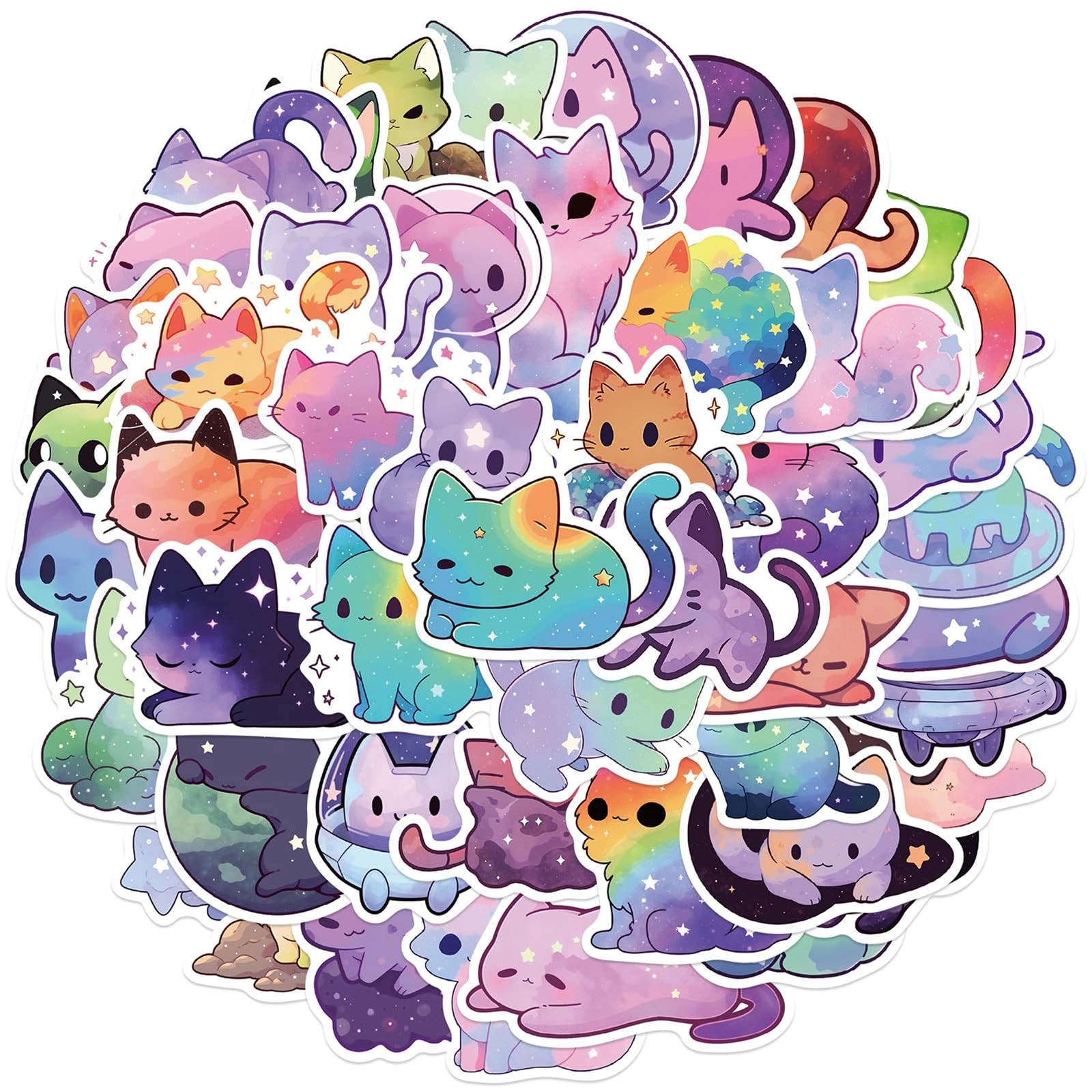 50 Pcs Cartoon Rainbow Starry Sky Cat Stickers, Cute Aesthetic Purple 