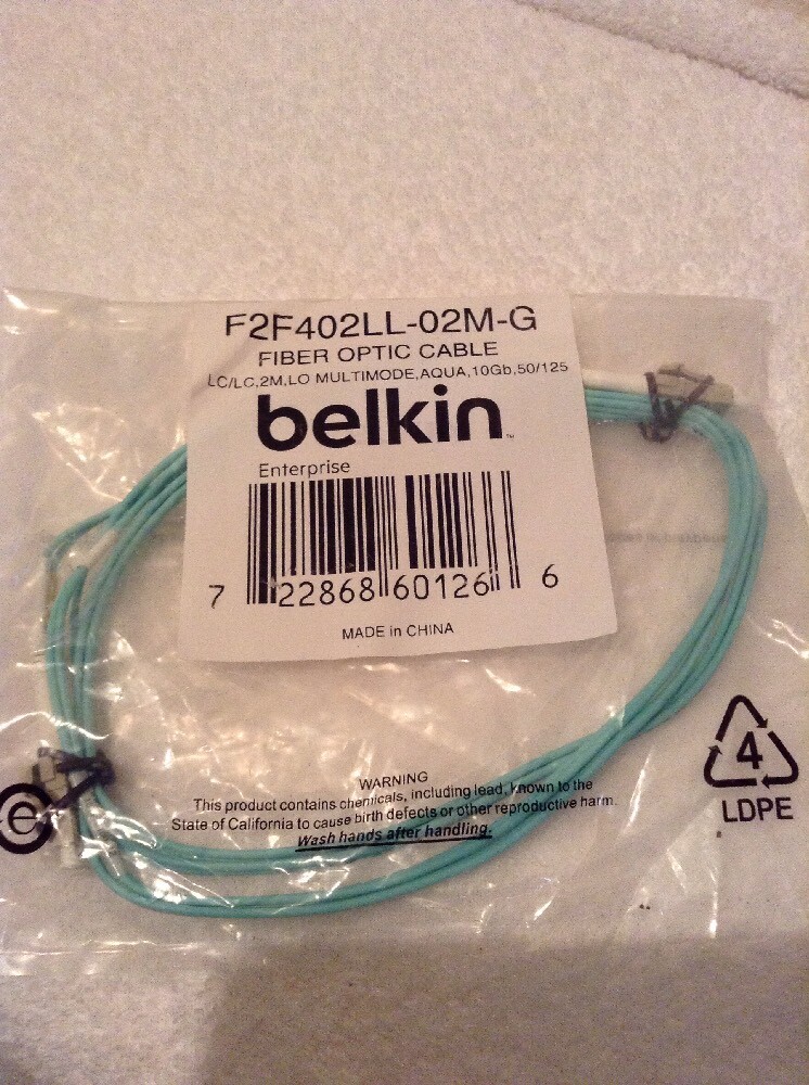 NEW Belkin F2F402LL-02M-G Fiber Optic Duplex Patch Cable Network 2m 10GB Aqua LC