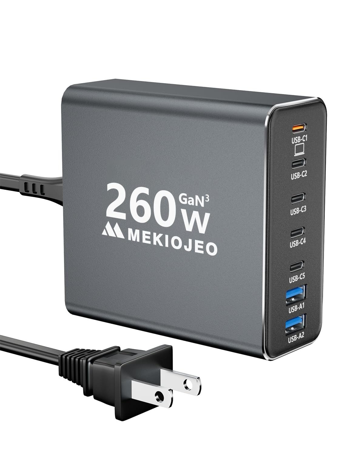 Aluminum Alloy 260W USB C Charger GaN Fast C Charging Station 7 Gray