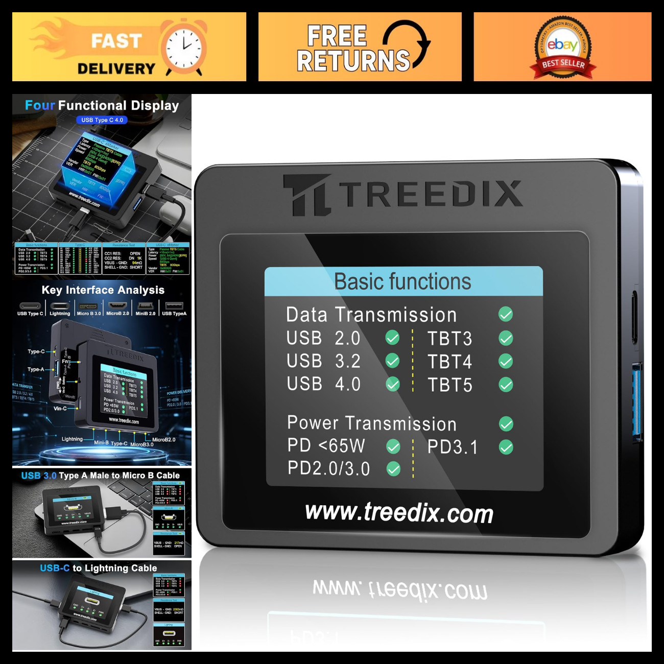 USB Cable Tester 2.4" Screen for eMarker PD3.0/3.1, Fast Charging & Data Sync To