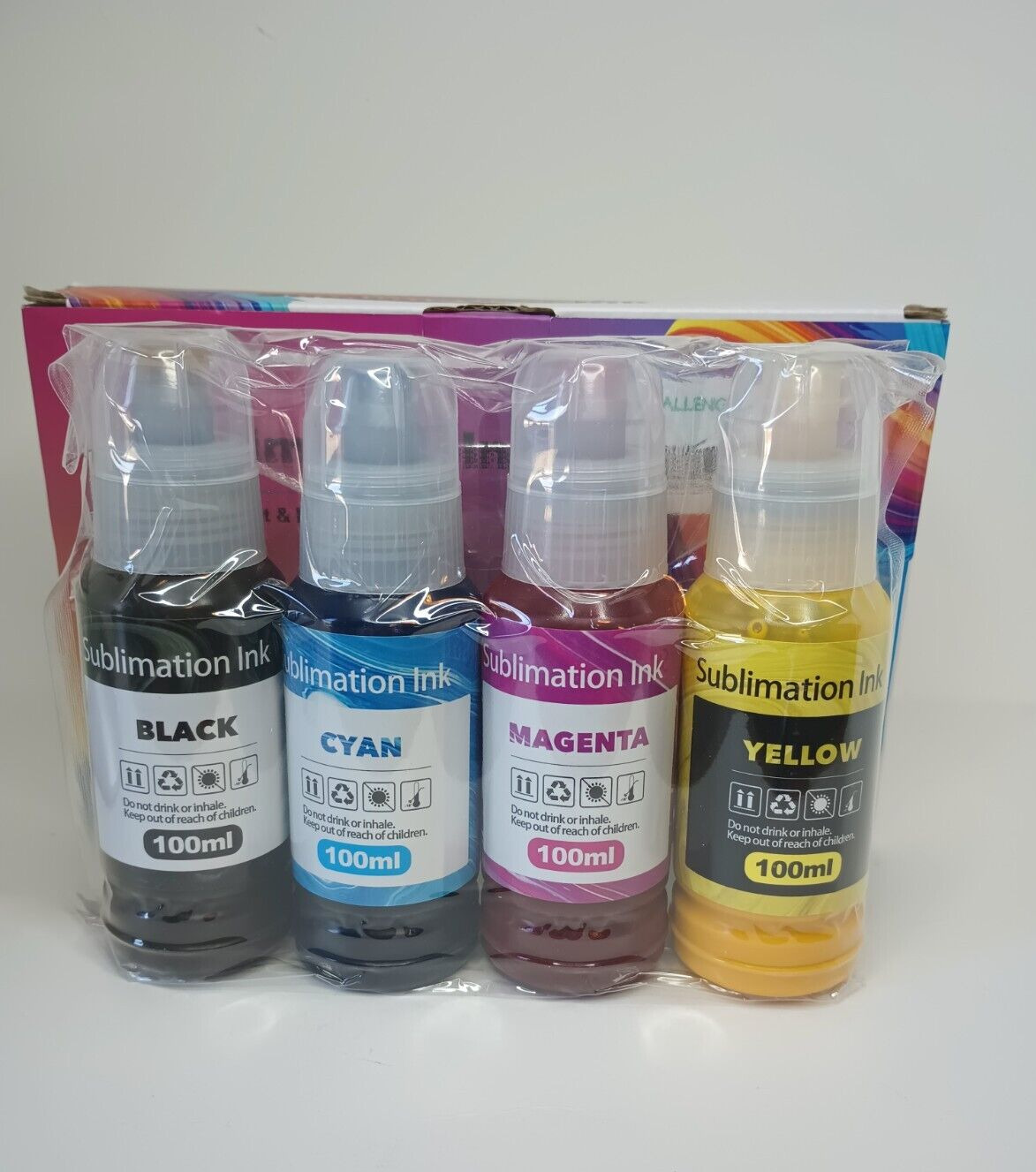 Sublimation Ink Refill Bottles 100ml each 4 pk. B/M/C/Y New Exp. 07/28/24