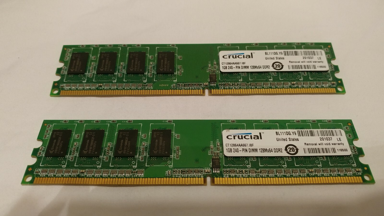 2 - Crucial 1GB RAM DDR2 Memory Sticks - CT12864AA667.I8F PC2-5300