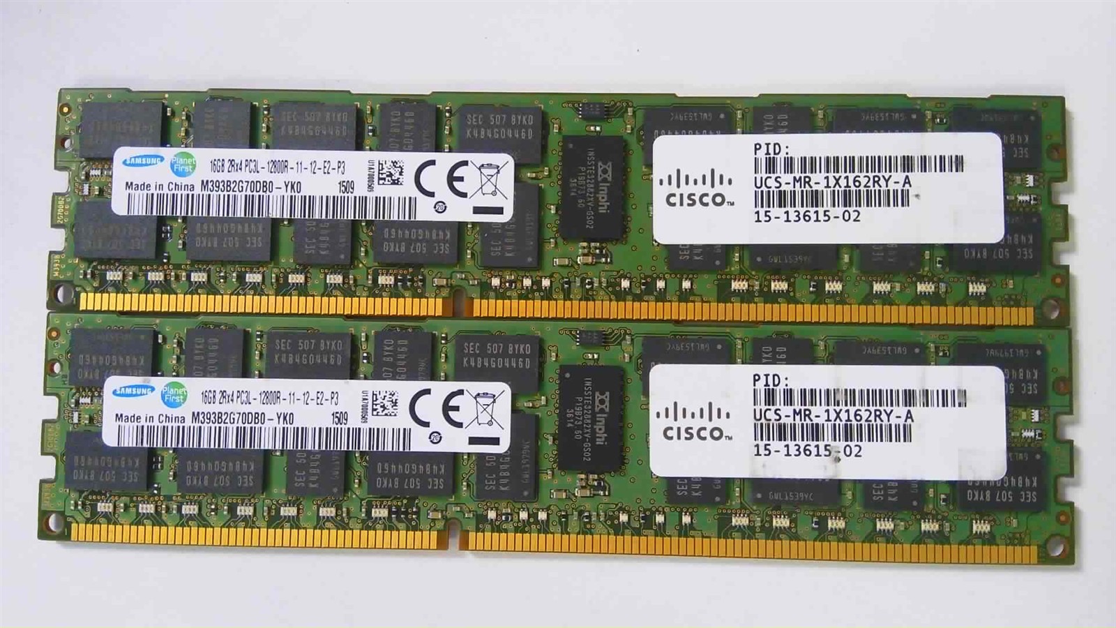 Lot of 2 16GB Samsung DDR3L-1600 PC3L-12800R ECC RDIMM M393B2G70DB0-YK0