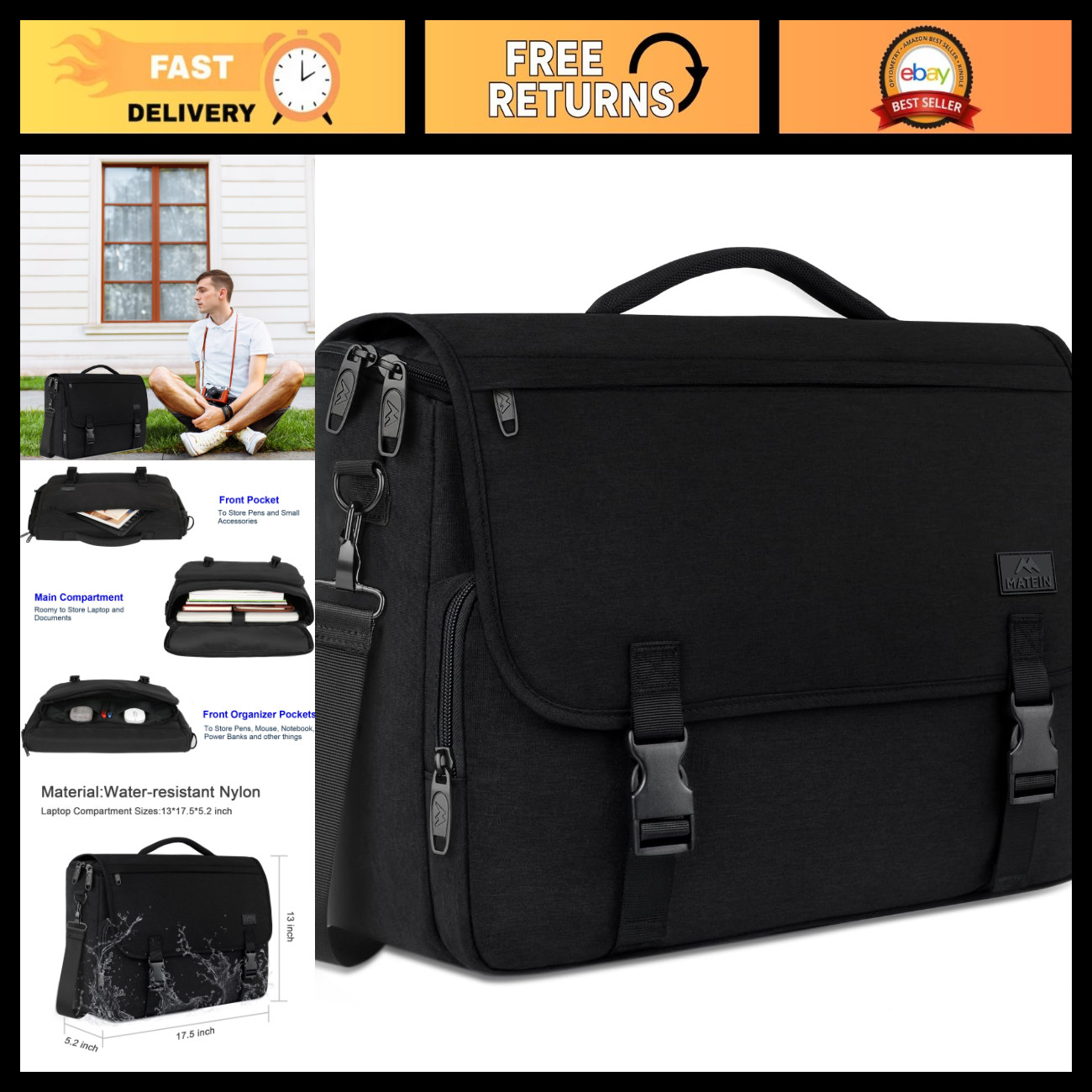 Large 17.3" Laptop Bag for Teens, School Backpack, College Briefcase, Durable &