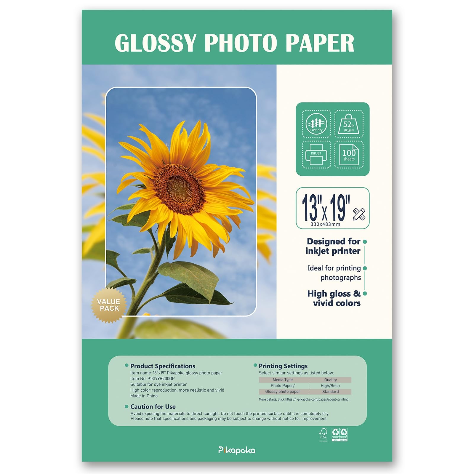 100 PCS 13x19 Inch Glossy Photo Paper A3+ Super B Full Sheet 200gsm Inkjet