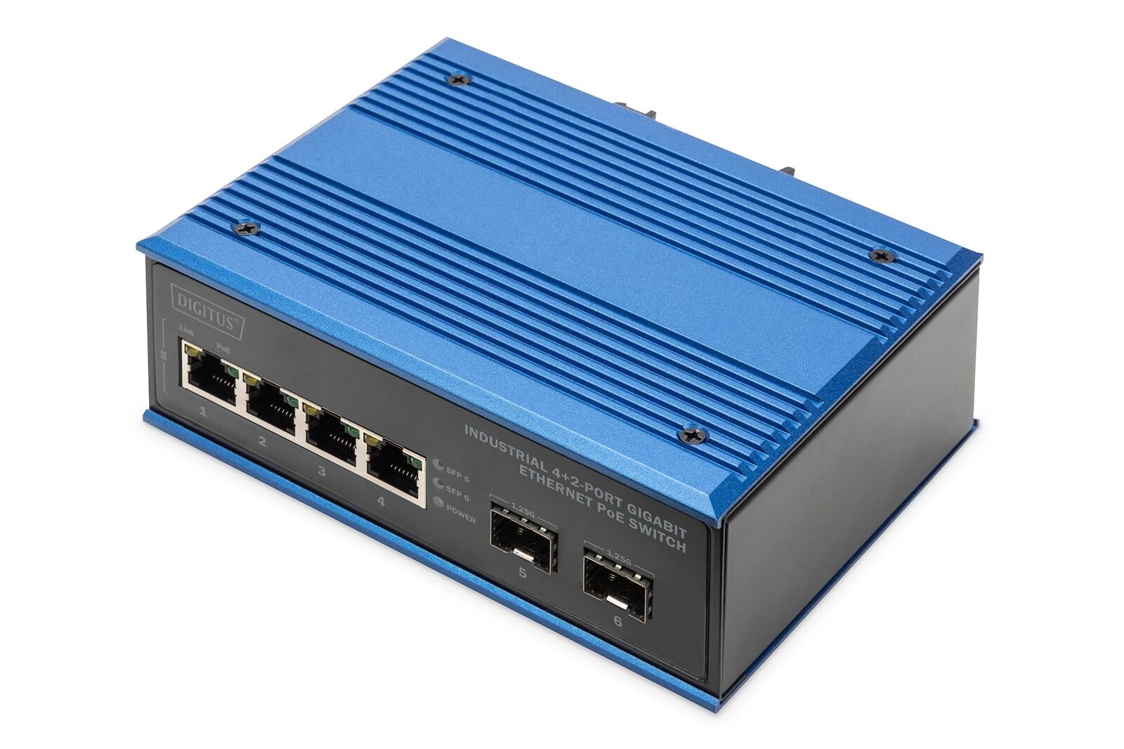 DIGITUS industrieller 6 Port Gigabit Ethernet PoE Netzwerk-Switch - 4X RJ45 + 2X