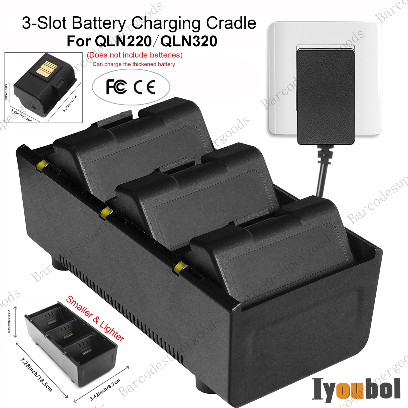 3-Slot Thickened Battery Charging Cradle + Adapter for Zebra QLN220 QLN320