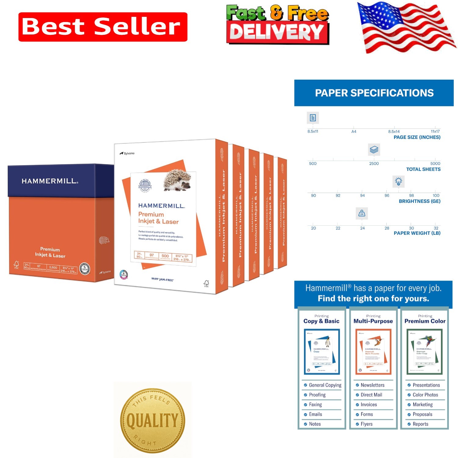 Smooth Finish  Inkjet & Laser Paper, 24 lb, 2500 Sheets 8.5x11, Acid-Free