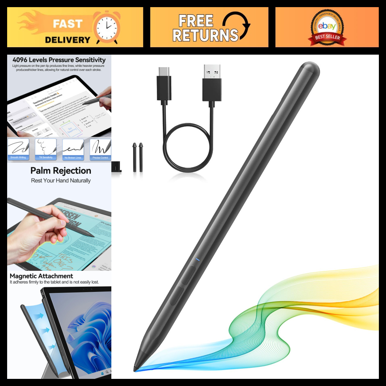 Stylus Pen for Surface Devices - 4096 Pressure Sensitivity, Magnetic, Grey Color