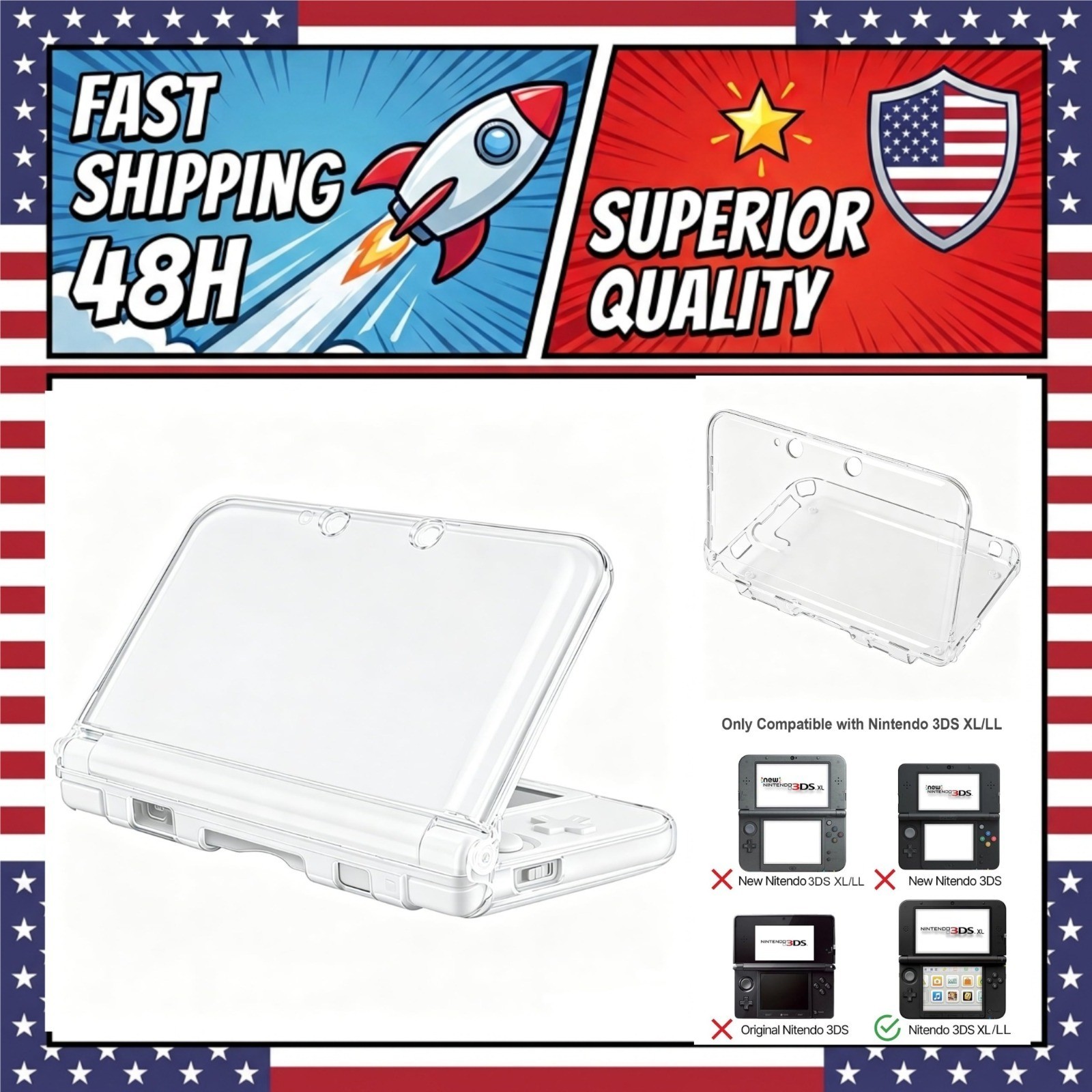 KlsyChry Crystal Clear Hard Shell Case for Nintendo 3DS XL / LL Protective Cover