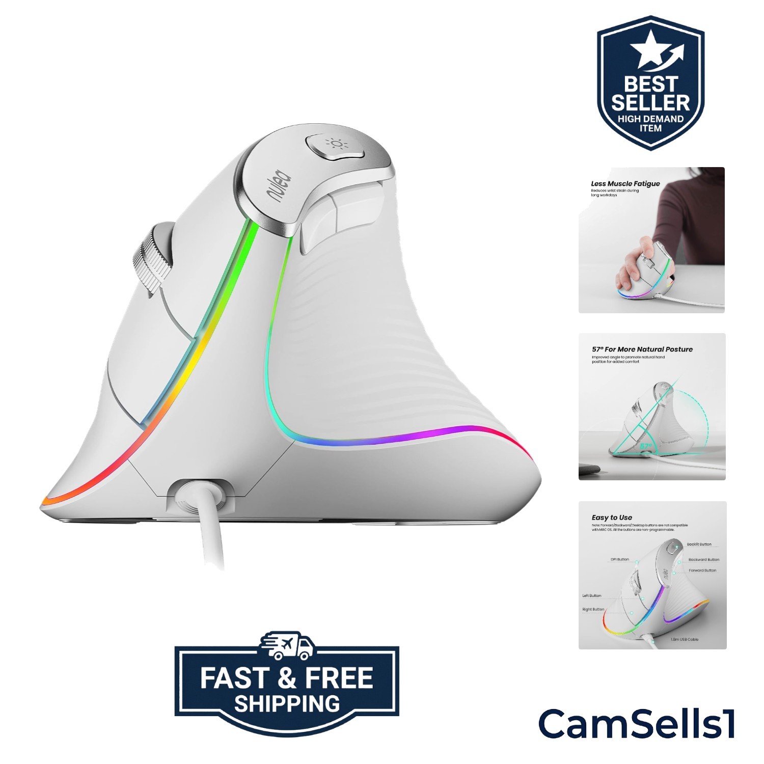 M504 Wired Vertical Mouse, USB Ergonomic Optical Mouse with 4 Adjustable DPI,...
