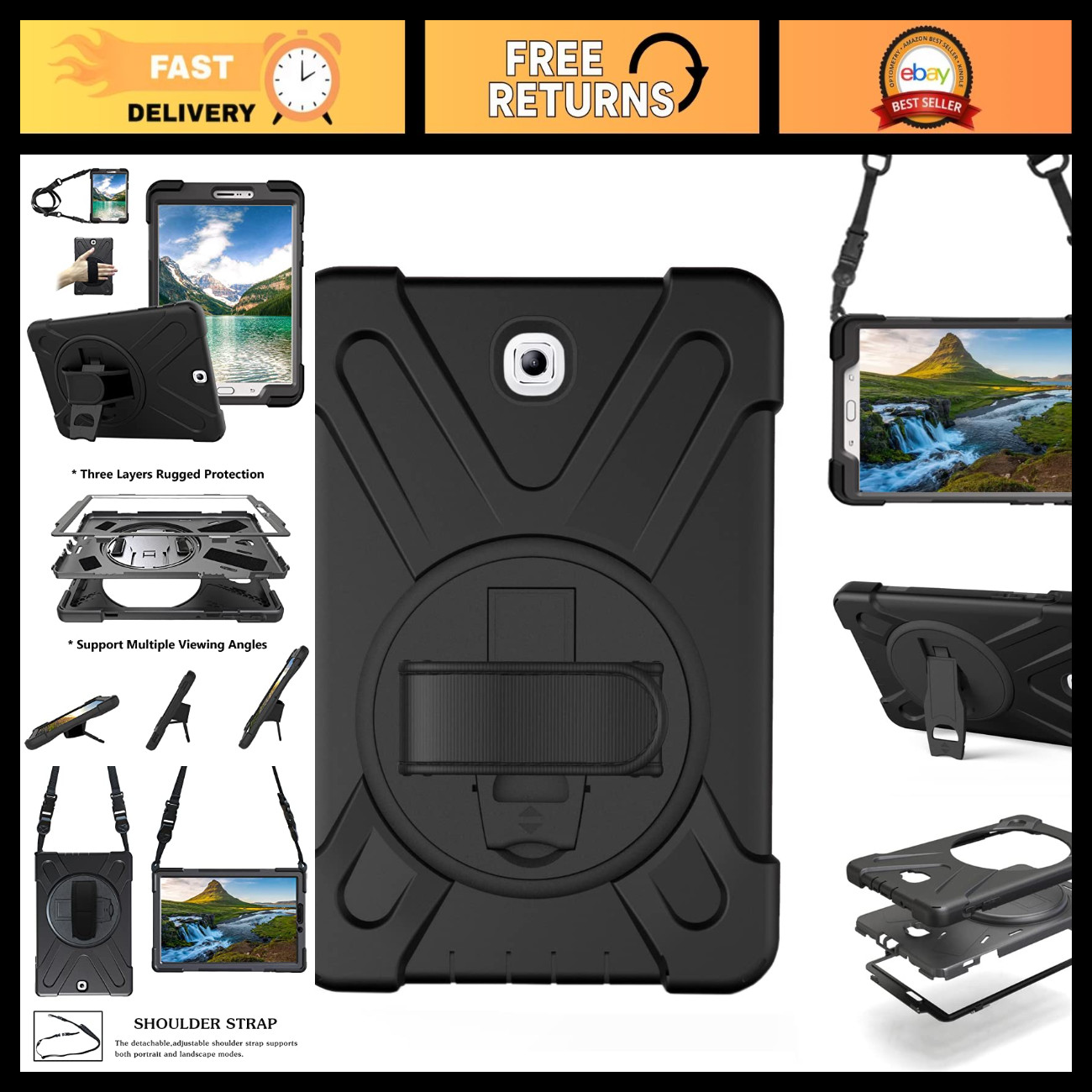 Shockproof Heavy Duty Case for 8" Tablet, 360 Rotating Stand, Handle & Strap - B