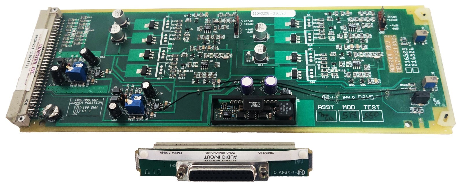 VIDEOTEK SADA-204 DIGITAL AUDIO DA CARD w/RM03A BACKPLANE CONNECTOR MODULE CB679