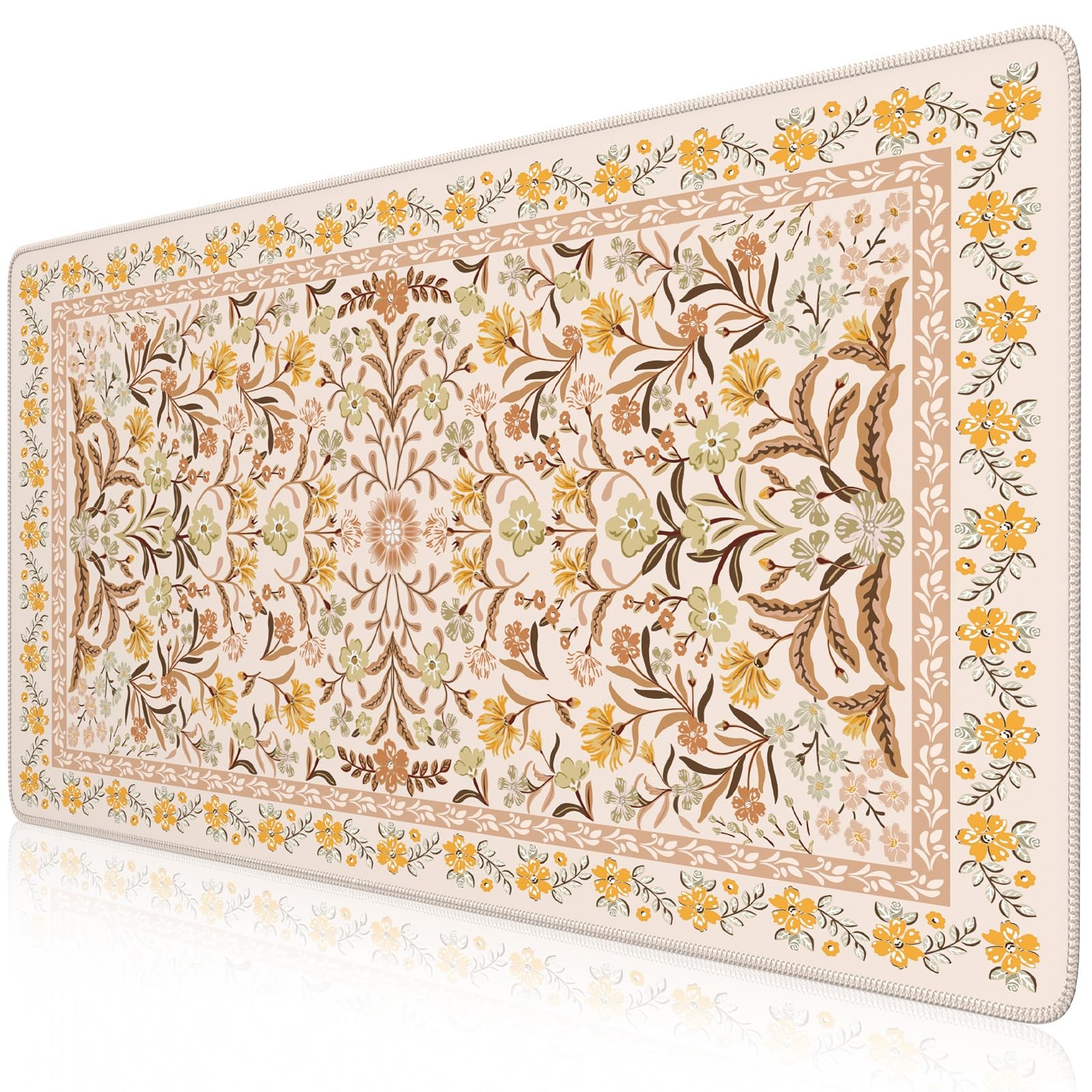 Cute Desk Pad Mat 35.4x15.7 Inch Yellow Floral Large Mouse Pad Home Office