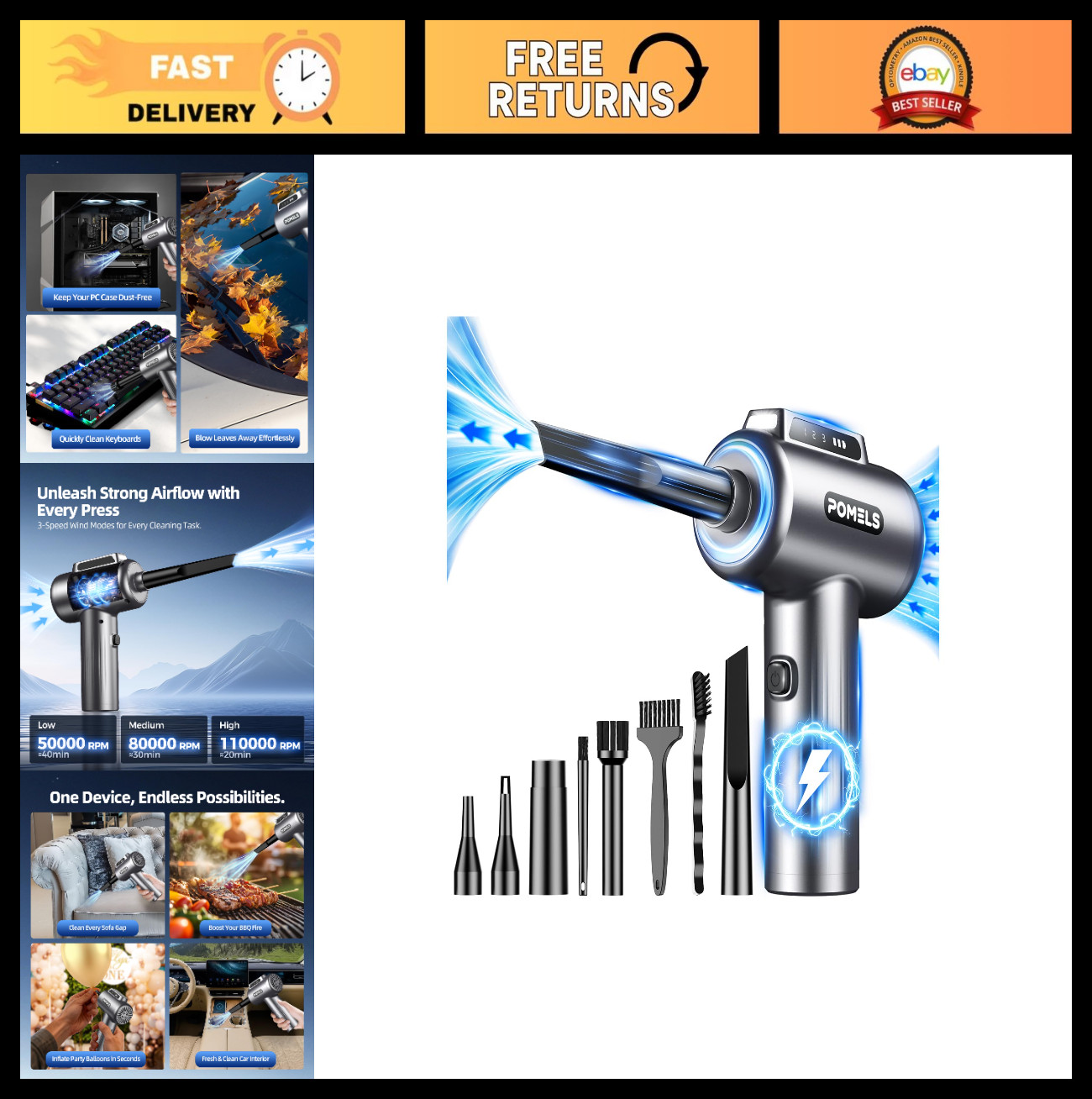 Ultra-Powerful Compressed Air Duster 110,000 RPM, Rechargeable Cordless Blower,