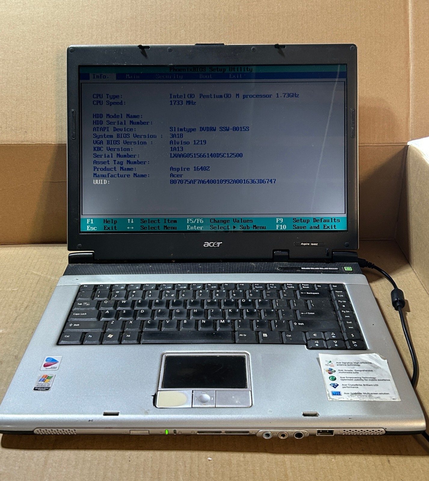 Used - Parts - Vintage - Acer Aspire 1640Z - Intel Pentium M - Centrino - 1GB