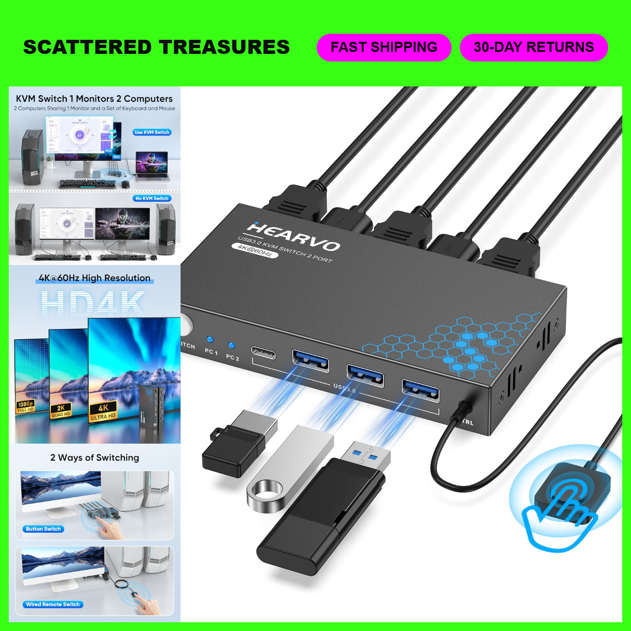 USB 3.0 HDMI KVM Switch for 2 PCs 1 Monitor, 4K@60Hz, Dual Control, Fast Switchi