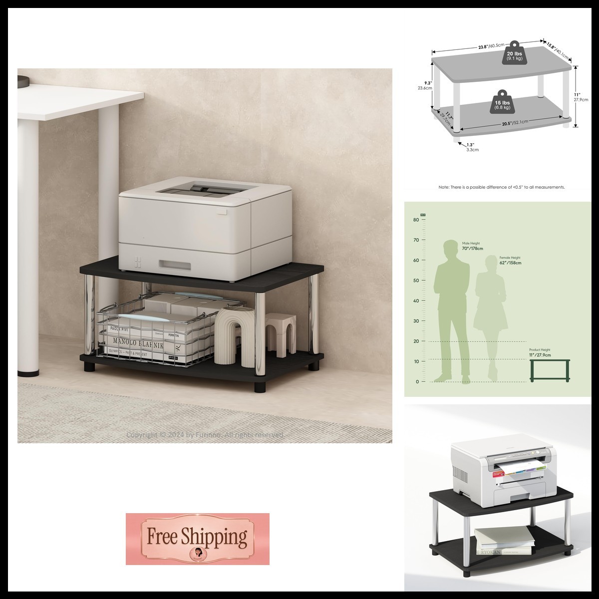 Furinno N13191AMSS Turn-N-Tube 2-Tier Printer Stand Storage Americano
