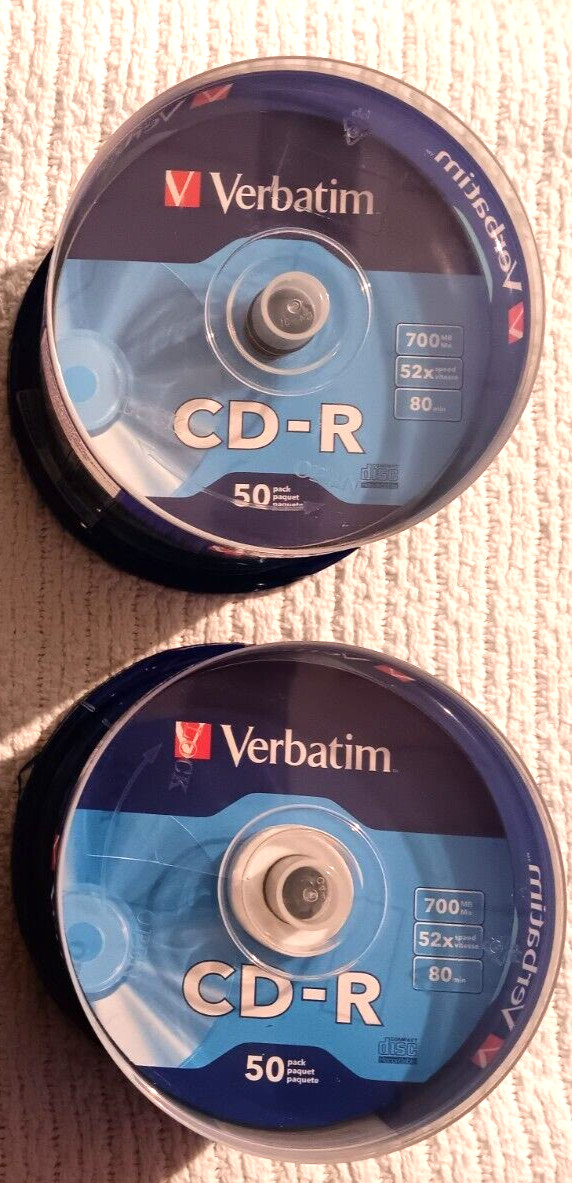Verbatim CD-R 700MB 52x Speed 80 min Recordable Disc Lot of 2 Pack of 50 4152026