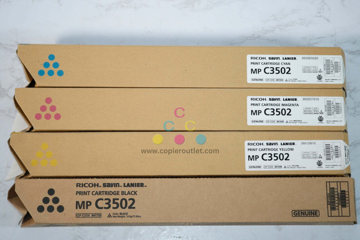 4 New OEM Ricoh MP C3002, C3502 CMYK Toners 841735,841648,841649,841650