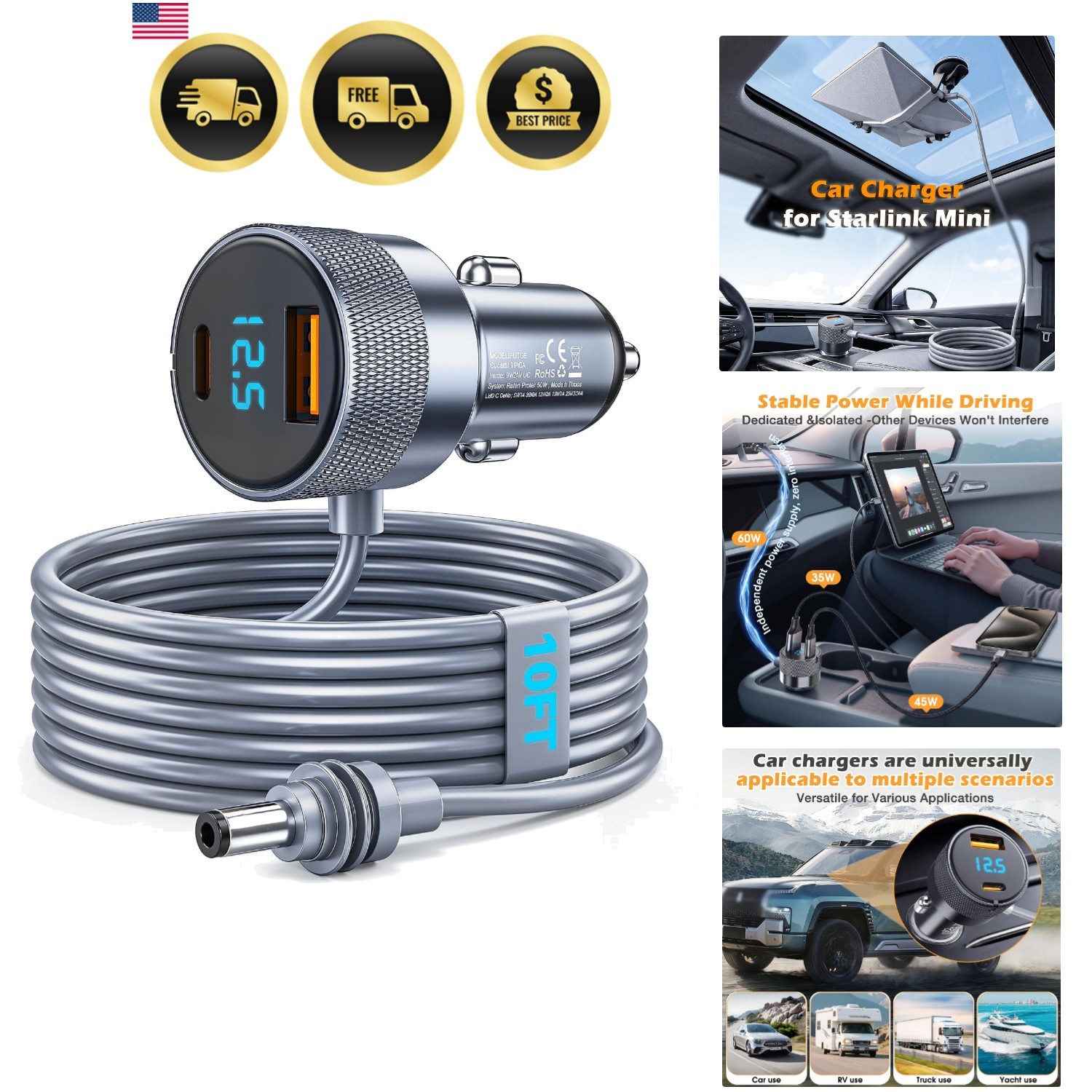 Starlink Mini Car Adapter, 10FT Starlink Mini Cable with 18AWG Waterproof
