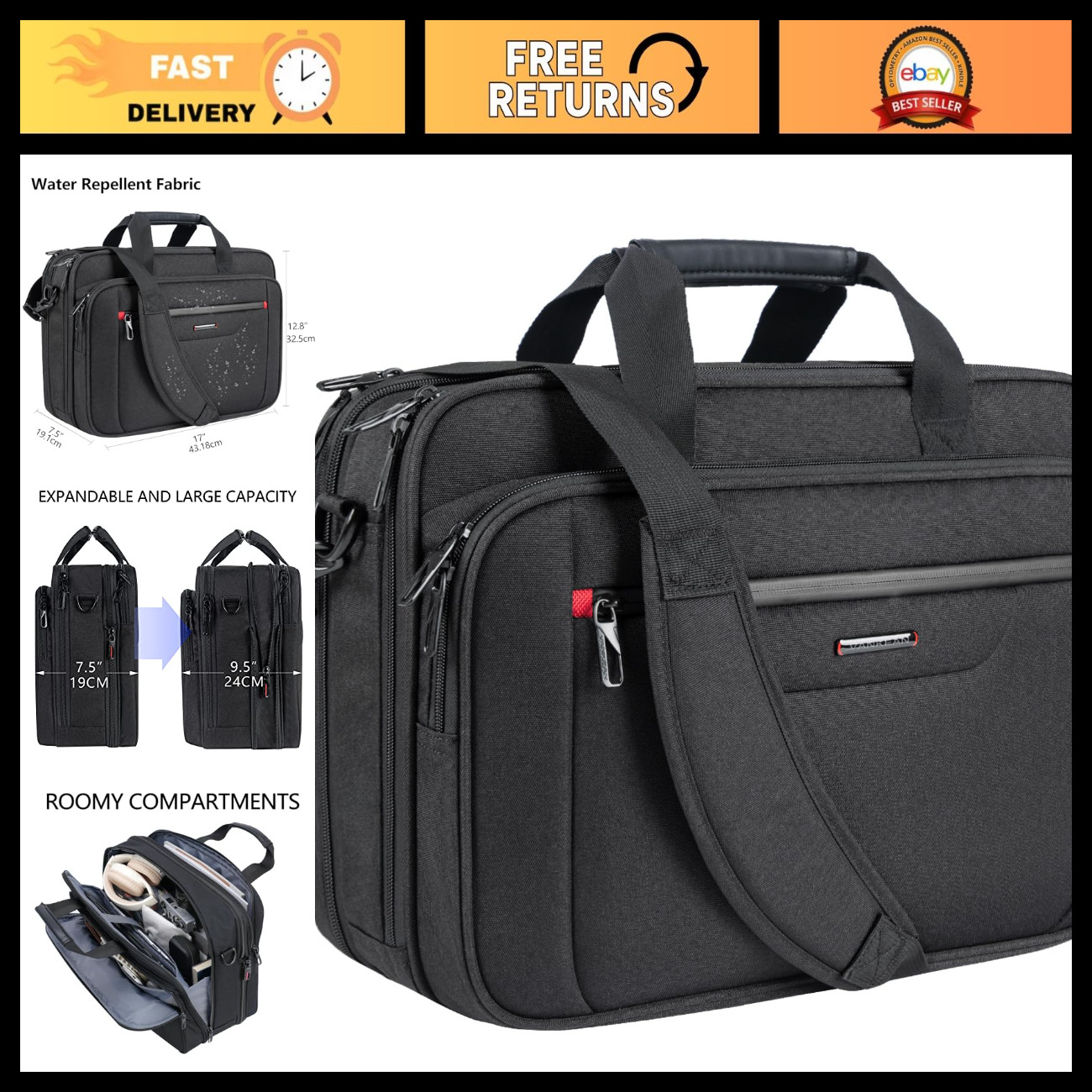 Expandable 17.3" Laptop Briefcase for Travel, Business, Work - Durable & Stylish