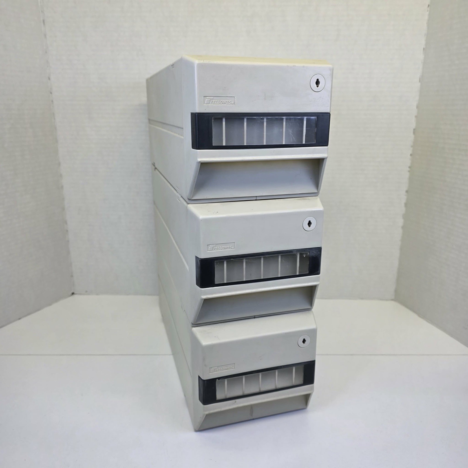 Lot of 3 Vintage Fellowes Floppy Disk Storage Drawers Stackable Grey No Key