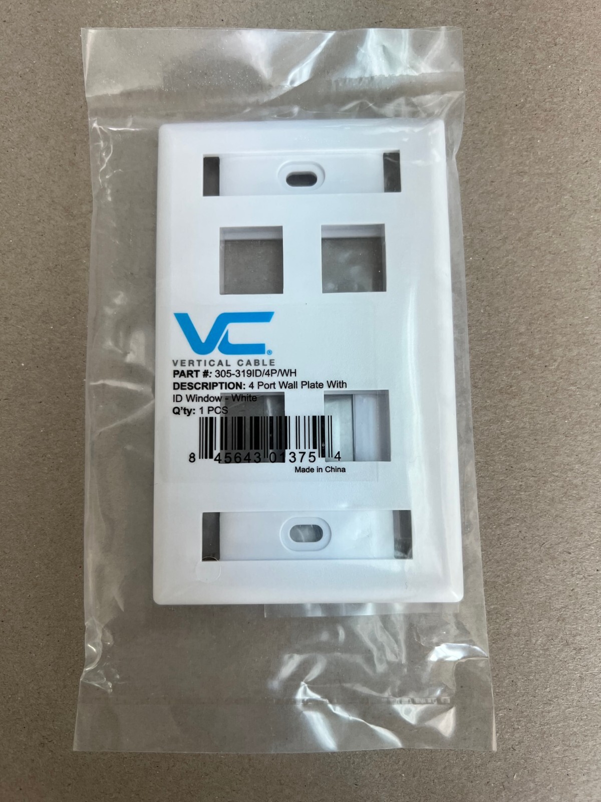 Vertical Cable 305-319ID/4P/WH - 4 Port Keystone Wallplate with ID Windows